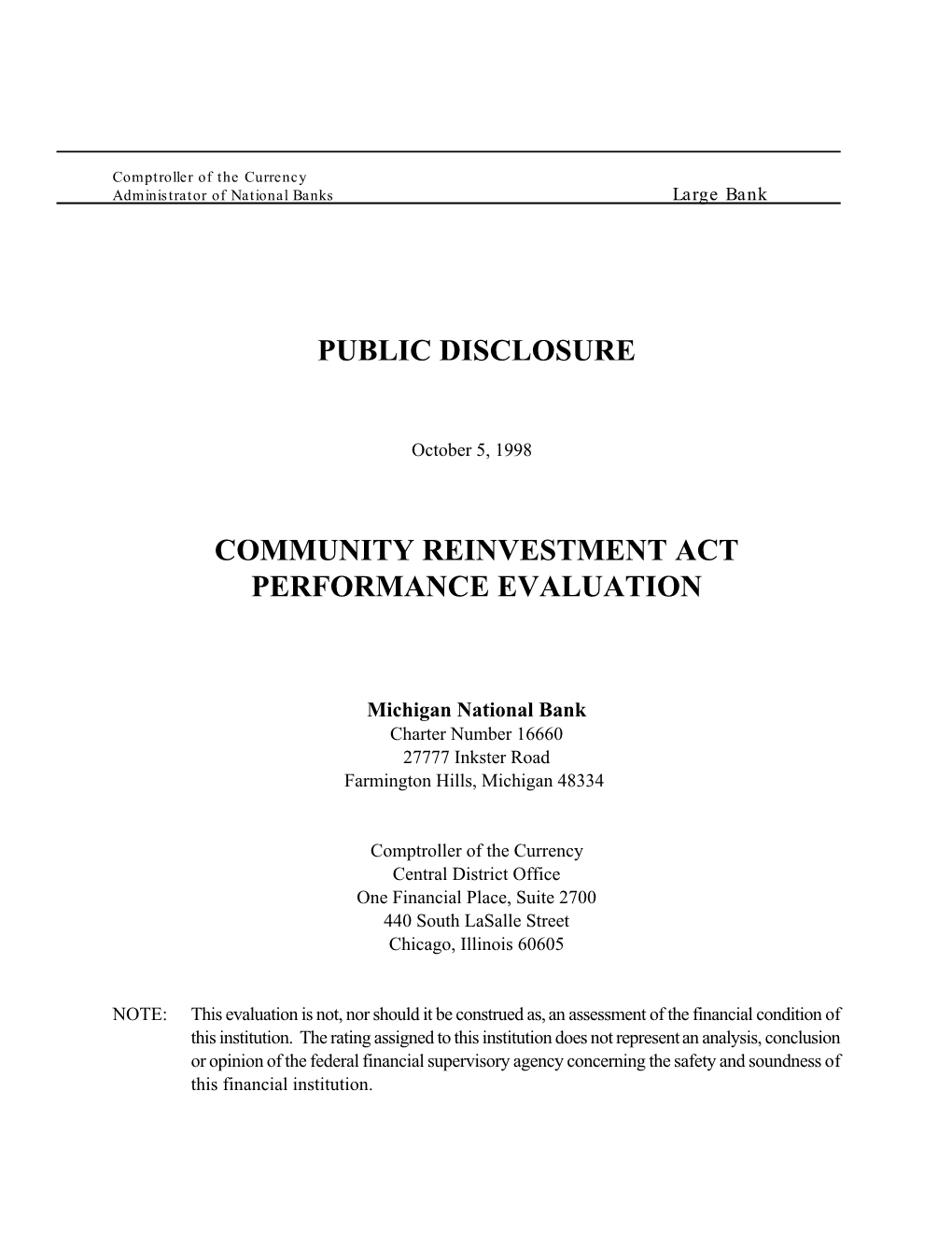 Public Disclosure Community Reinvestment Act