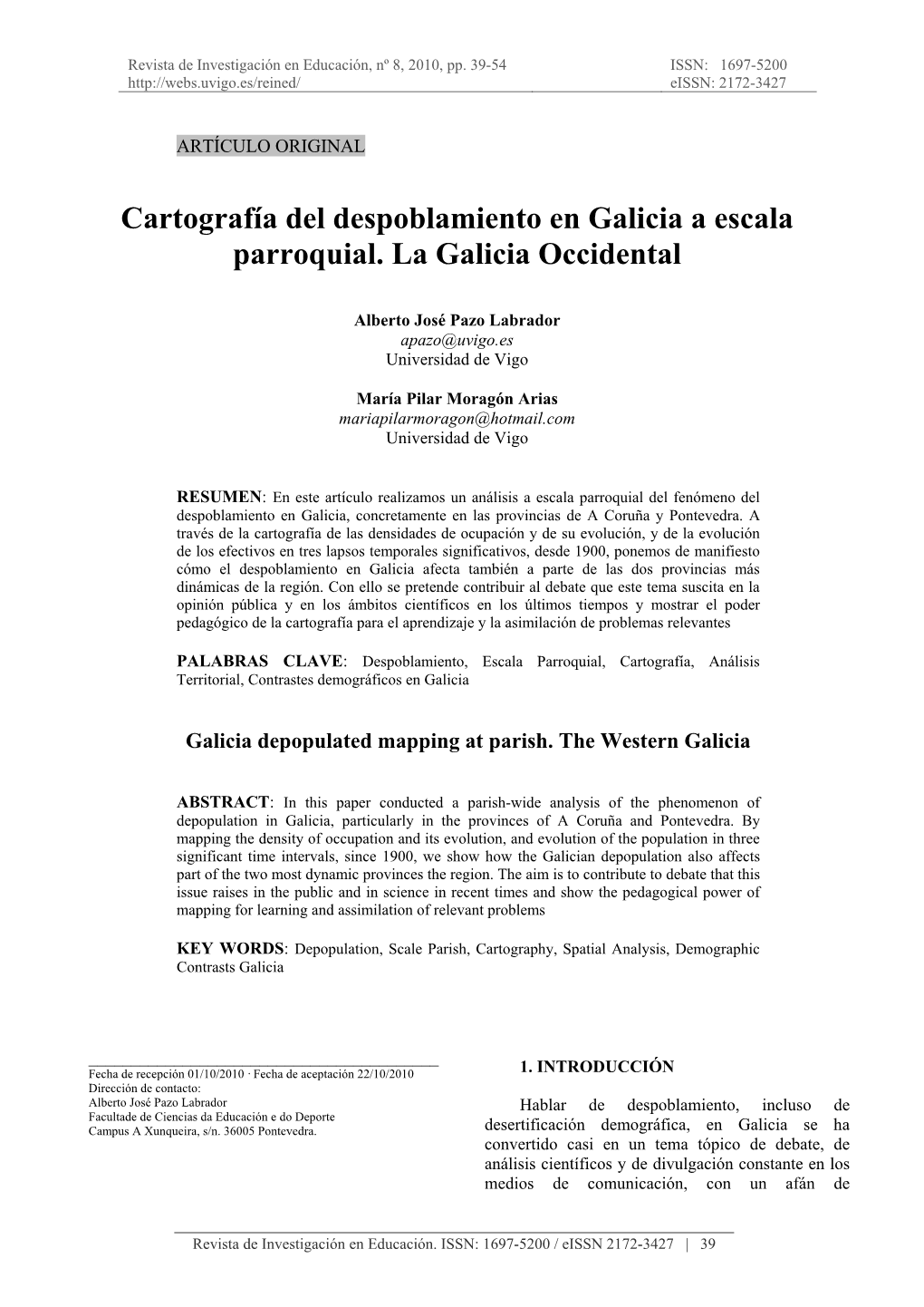 Cartografía Del Despoblamiento En Galicia a Escala Parroquial. La Galicia Occidental
