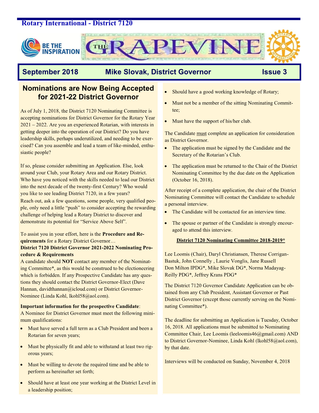 September 2018 Mike Slovak, District Governor Issue 3