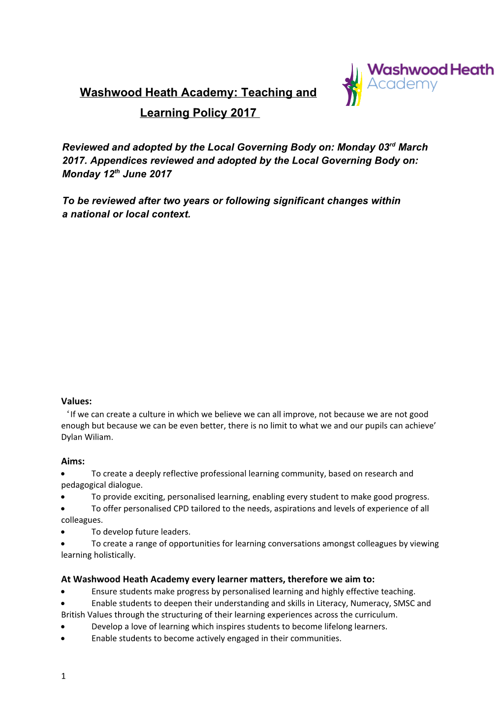 Washwood Heath Academy: Teaching and Learning Policy 2017