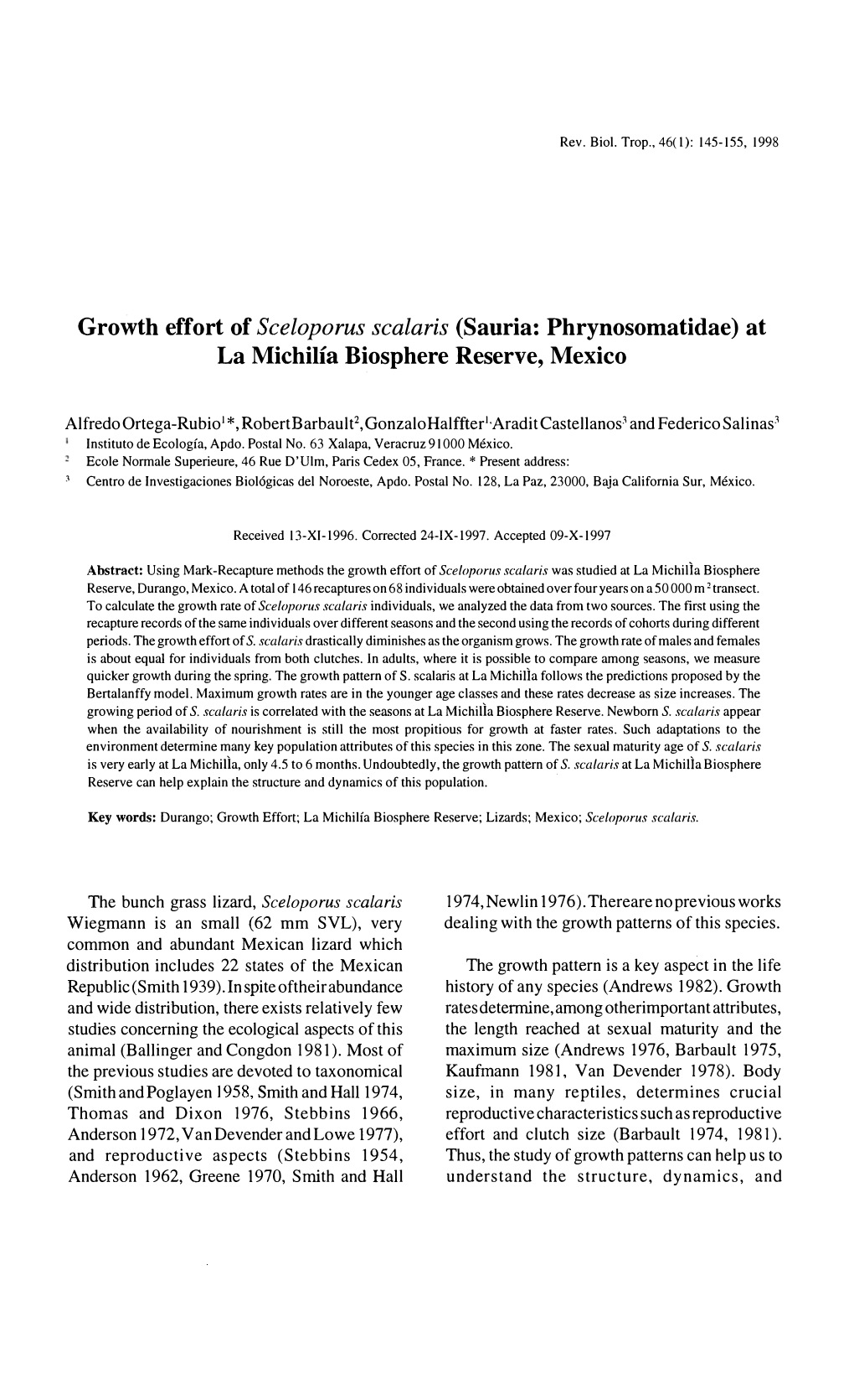 Growth Effort of Sceloporus Scalaris (Sauria: Phrynosomatidae) at La Michilía Biosphere Reserve, Mexico