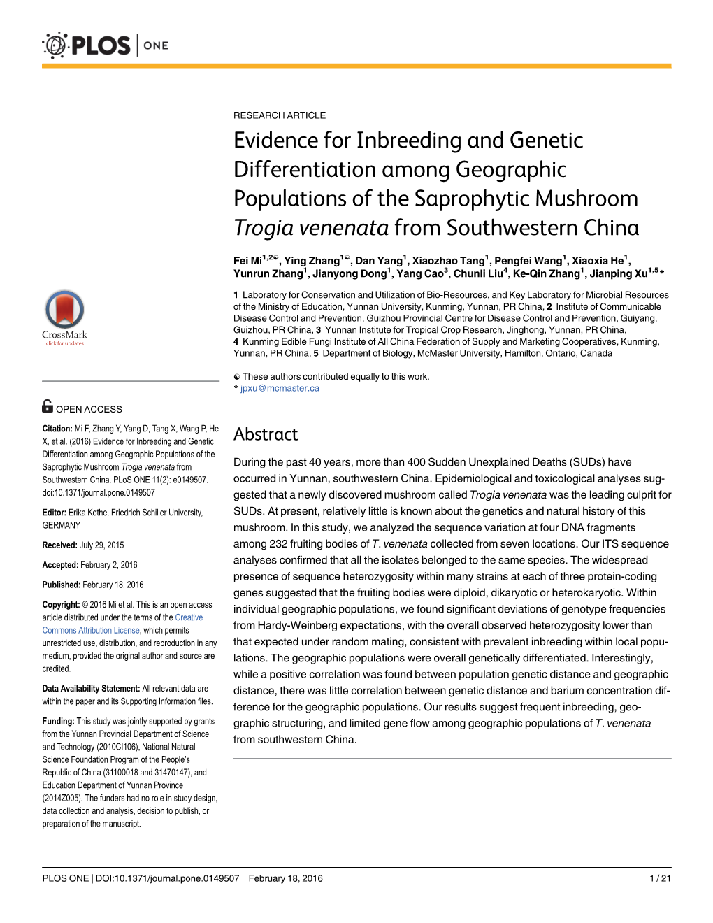 Evidence for Inbreeding and Genetic Differentiation Among Geographic Populations of the Saprophytic Mushroom Trogia Venenata from Southwestern China