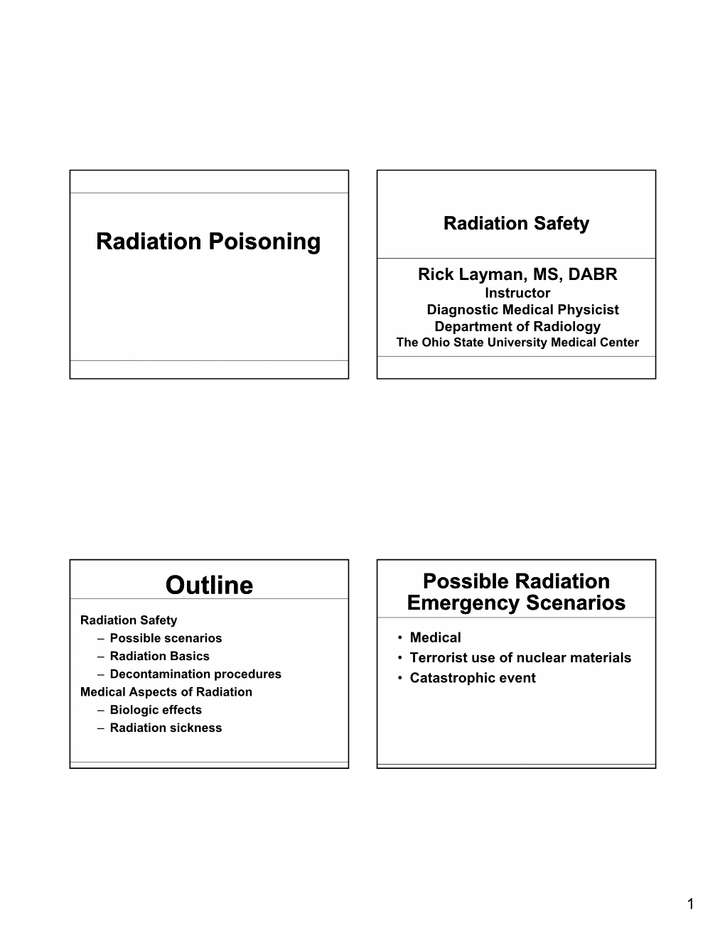 Radiation Poisoning Rick Layman, MS , DABR Instructor Diagnostic Medical Physicist Department of Radiology the Ohio State University Medical Center