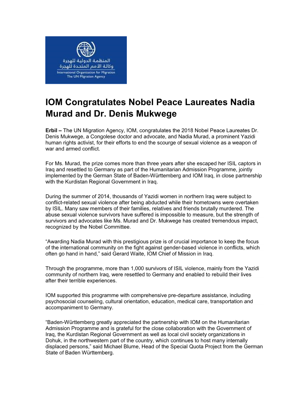 IOM Congratulates Nobel Peace Laureates Nadia Murad and Dr