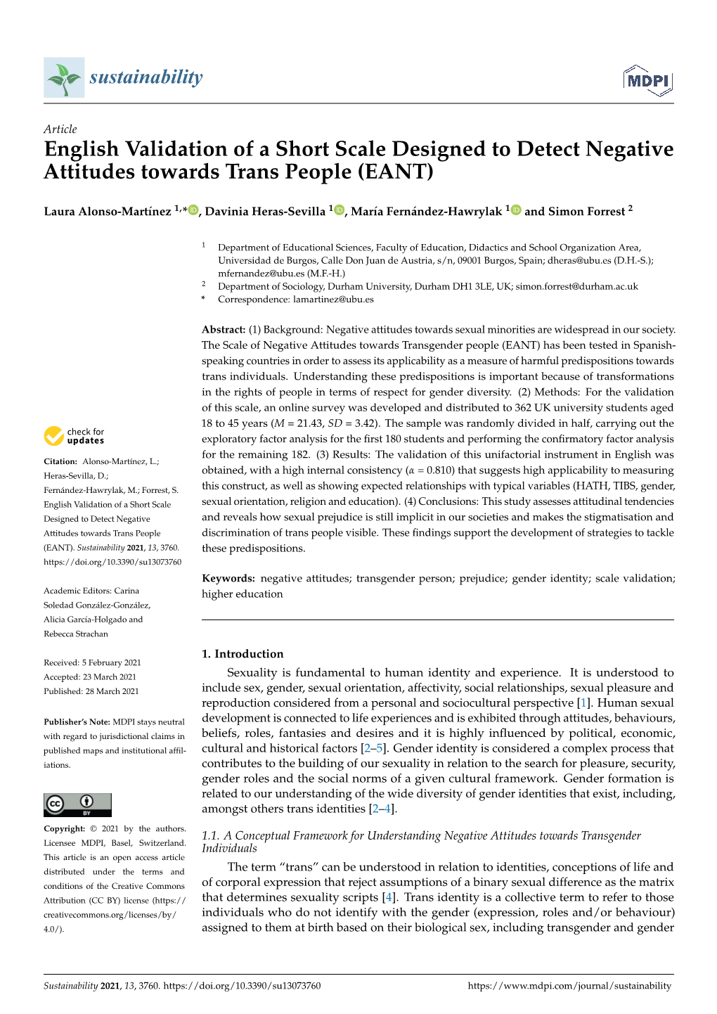 English Validation of a Short Scale Designed to Detect Negative Attitudes Towards Trans People (EANT)