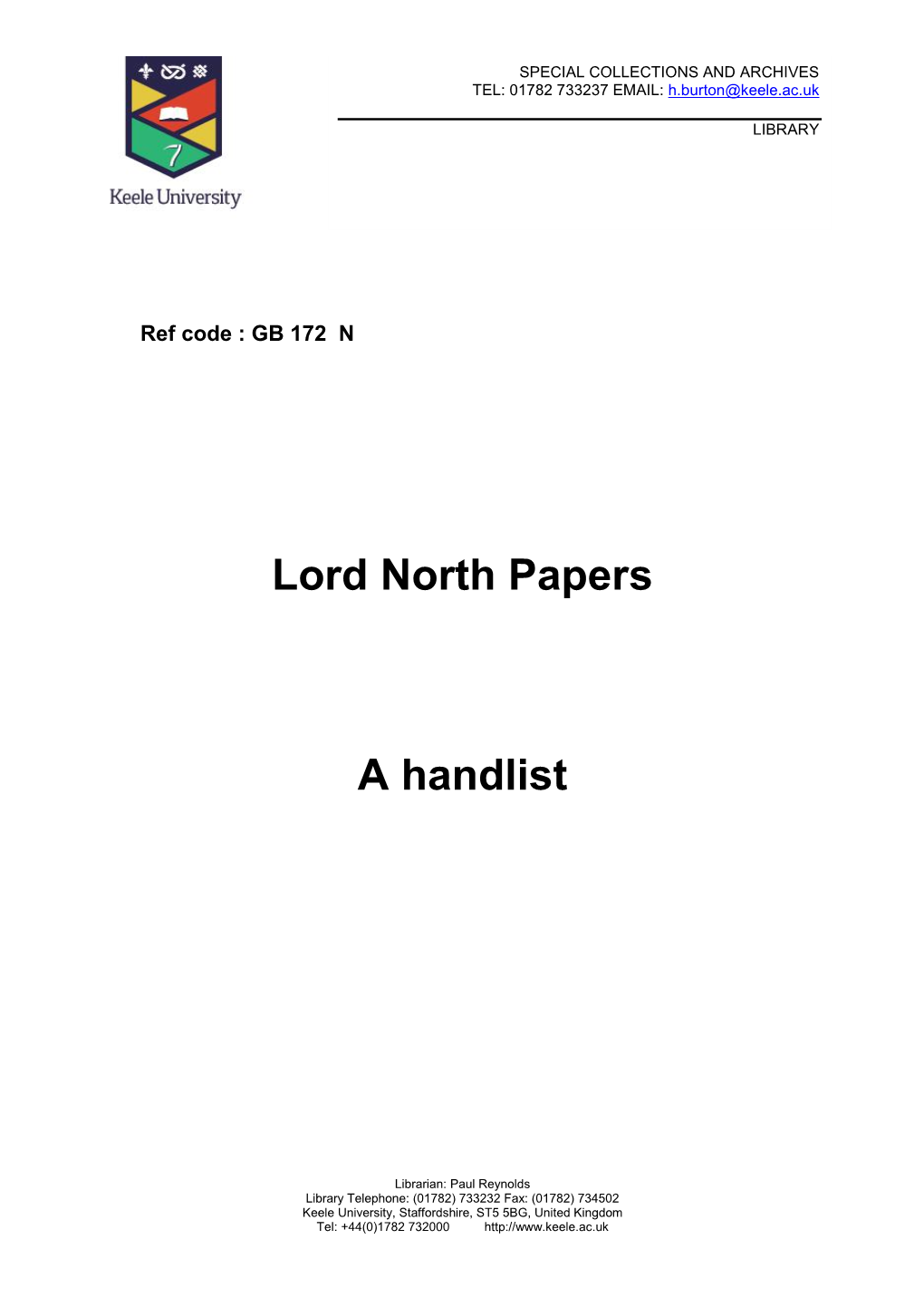 Lord North Papers a Handlist