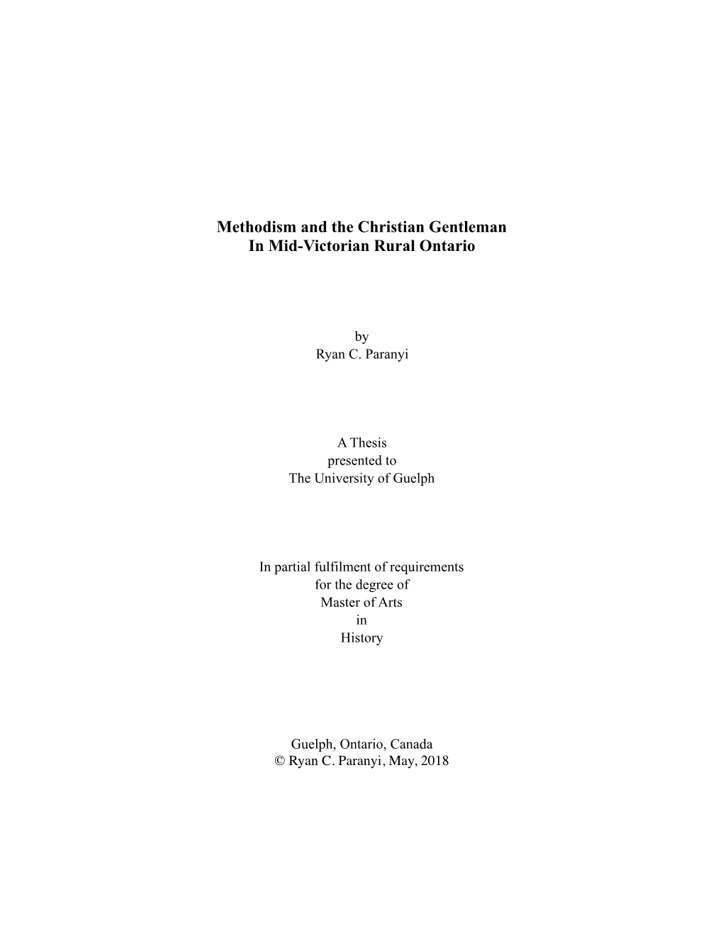 Methodism and the Christian Gentleman in Mid-Victorian Rural Ontario