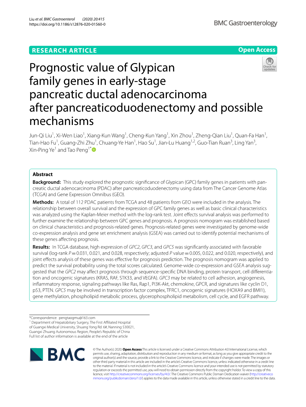 Prognostic Value of Glypican Family Genes in Early-Stage Pancreatic