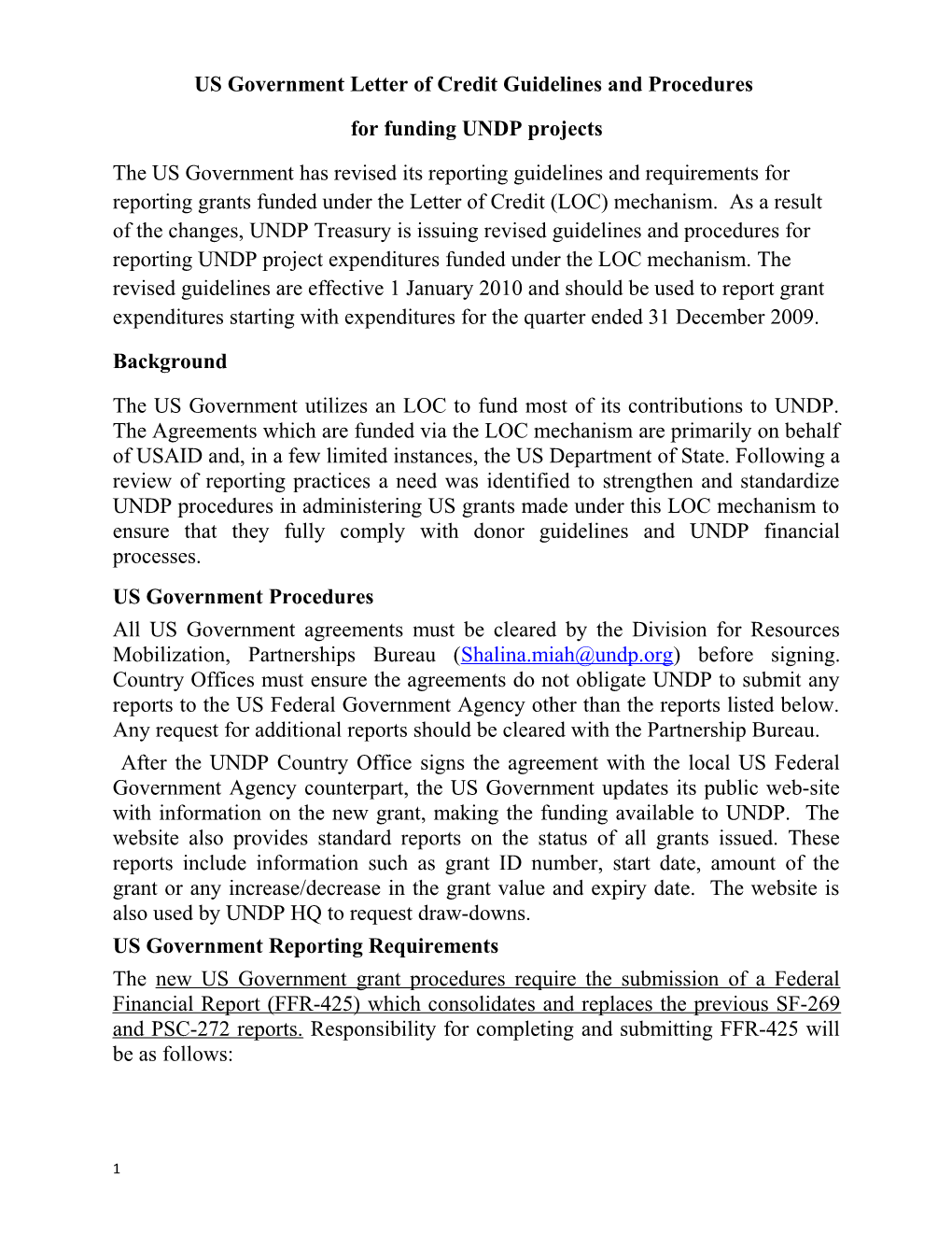 Guidelines and Procedures for Use of US Government Letter of Credit Mechanism for Funding