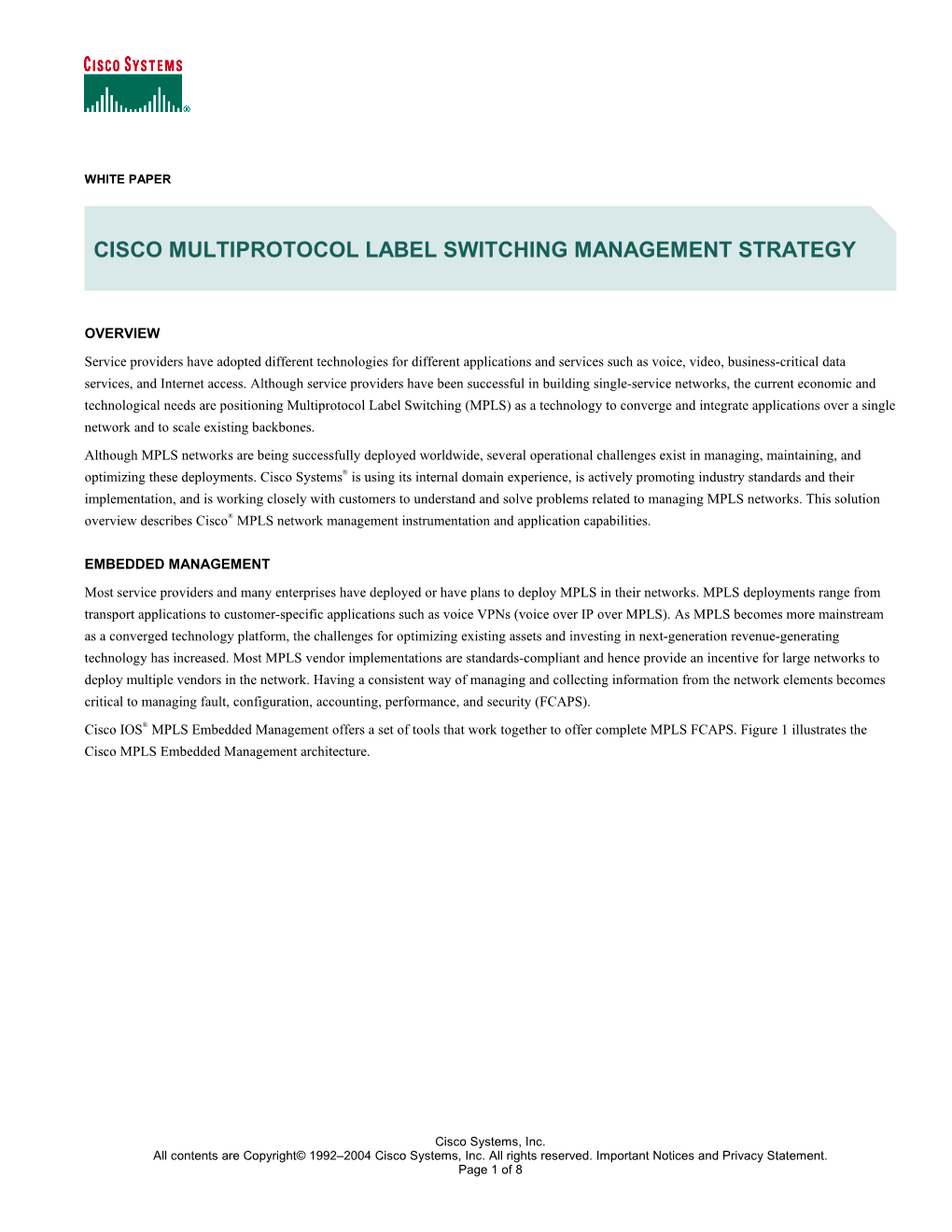 Cisco Multiprotocol Label Switching Management Strategy