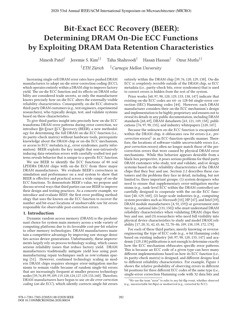 BEER): Determining DRAM On-Die ECC Functions by Exploiting DRAM Data Retention Characteristics