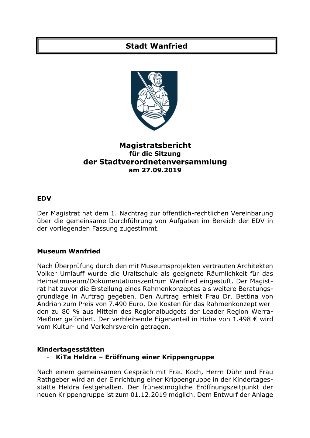 Magistratsbericht Für Die Sitzung Der Stadtverordnetenversammlung Am 27.09.2019