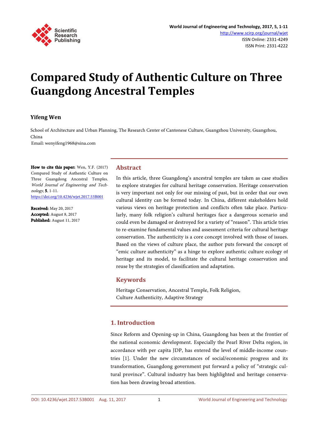 Compared Study of Authentic Culture on Three Guangdong Ancestral Temples