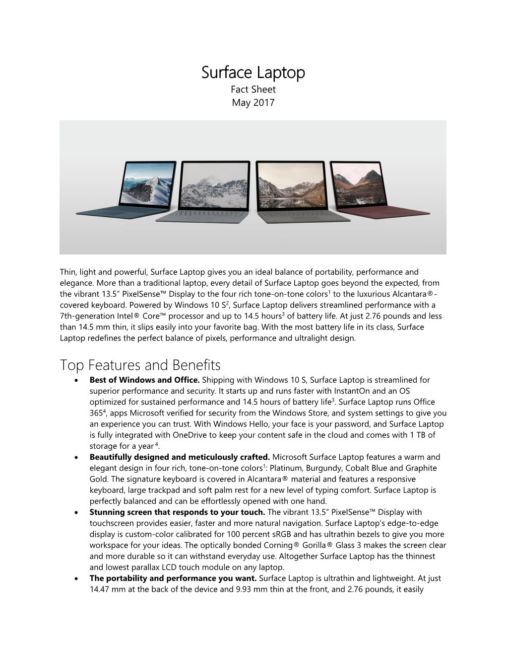 Microsoft Surface Laptop Fact Sheet