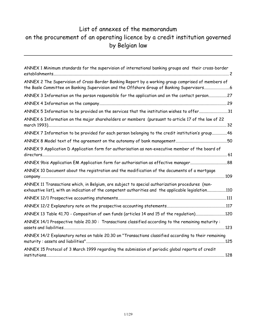 CBFA - Credit Institutions - Circulars & Communications - Memorandum - Annexes