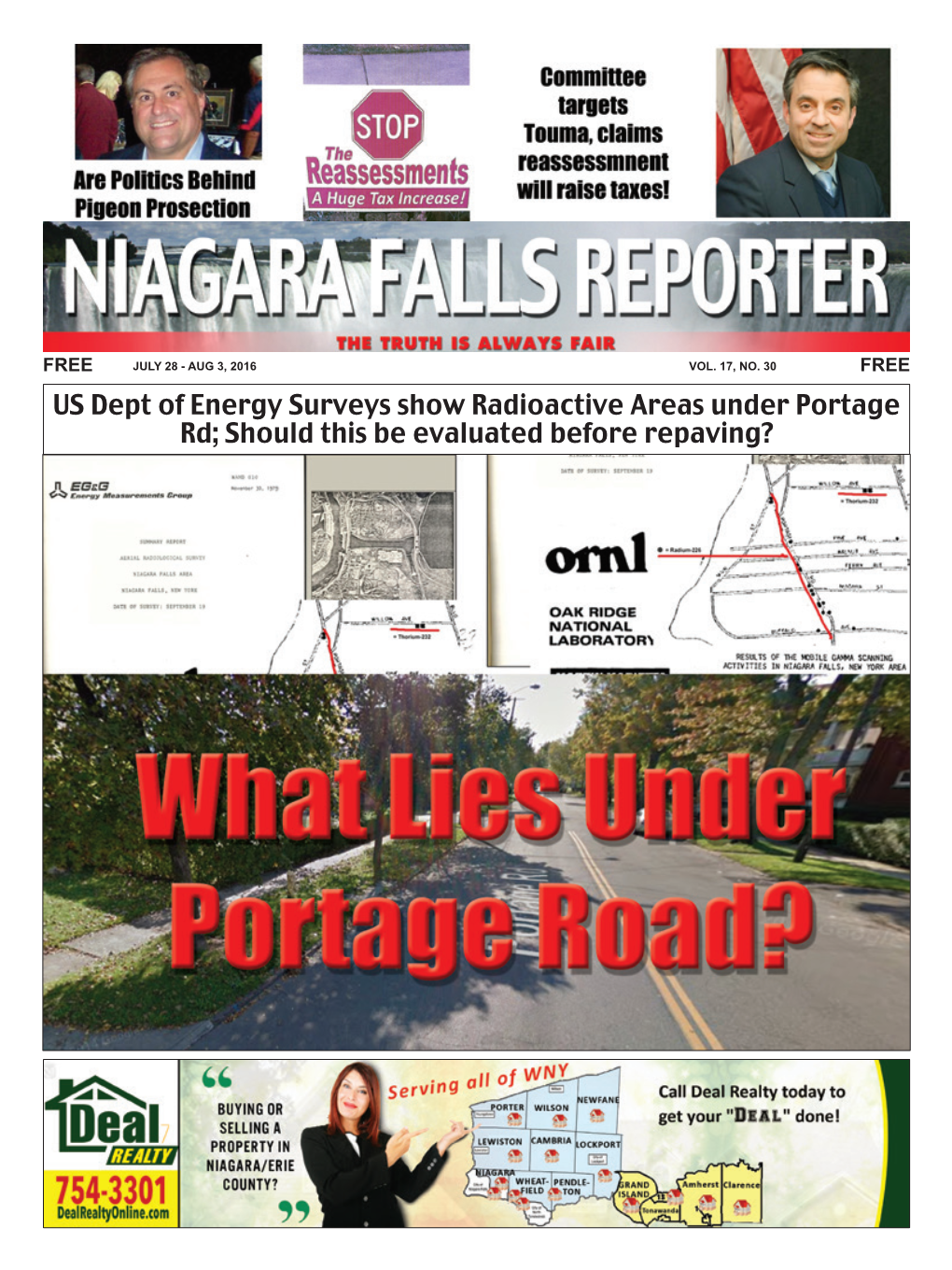 US Dept of Energy Surveys Show Radioactive Areas Under Portage Rd; Should This Be Evaluated Before Repaving? 2 NIAGARA FALLS REPORTER JULY 28 - AUG 3, 2016