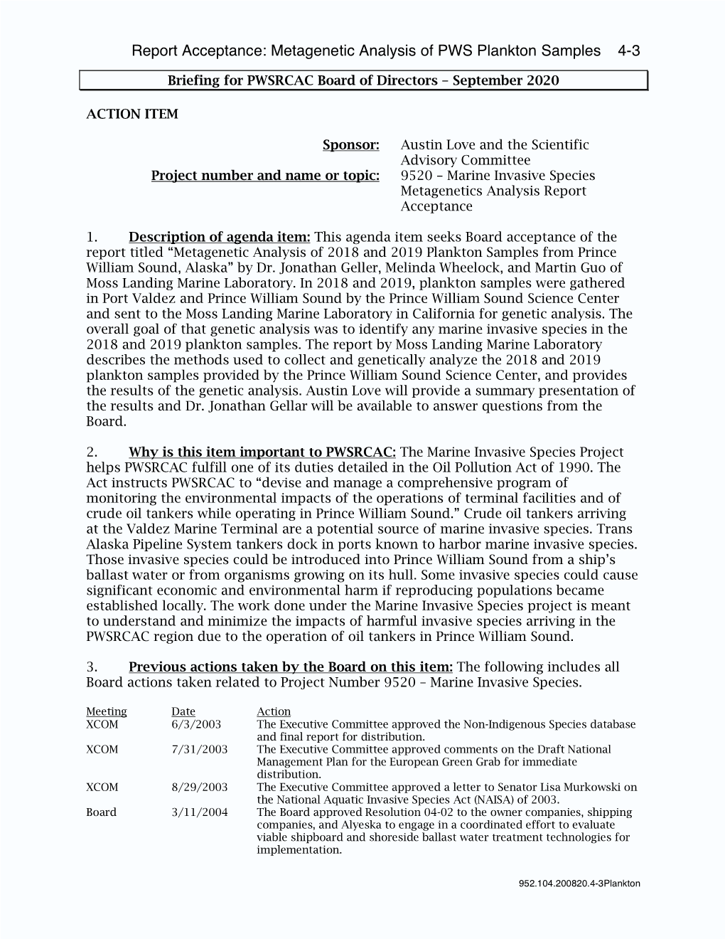 Report Acceptance: Metagenetic Analysis of PWS Plankton Samples 4-3