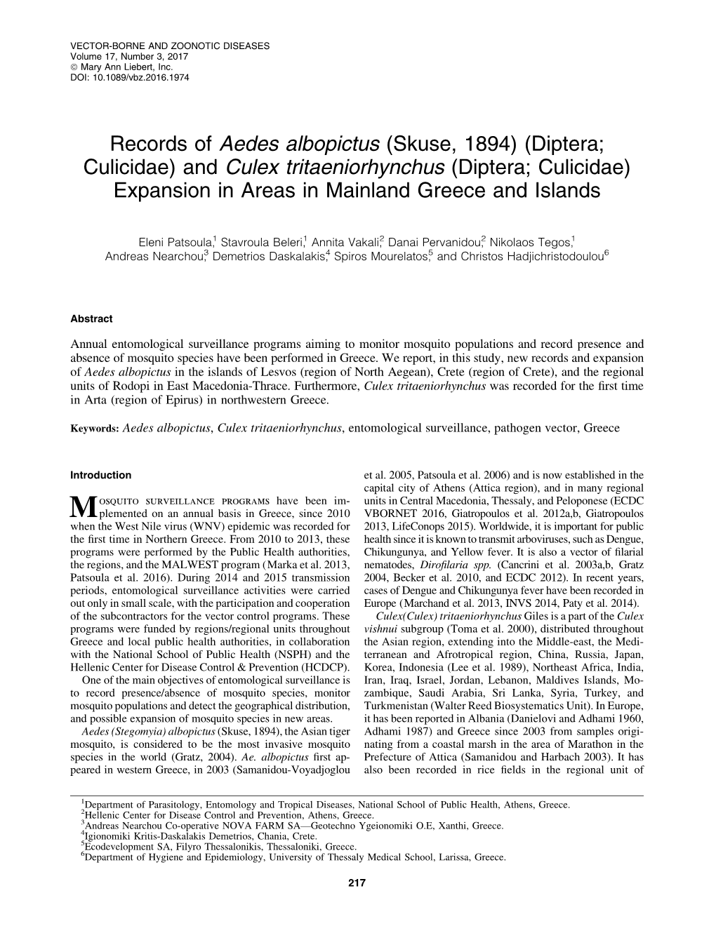 (Diptera; Culicidae) and Culex Tritaeniorhynchus (Diptera; Culicidae) Expansion in Areas in Mainland Greece and Islands