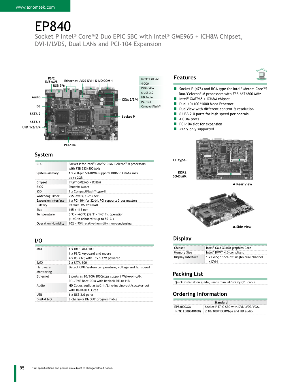 Socket P Intel® Core™2 Duo EPIC SBC with Intel® GME965 + ICH8M Chipset, DVI-I/LVDS, Dual Lans and PCI-104 Expansion