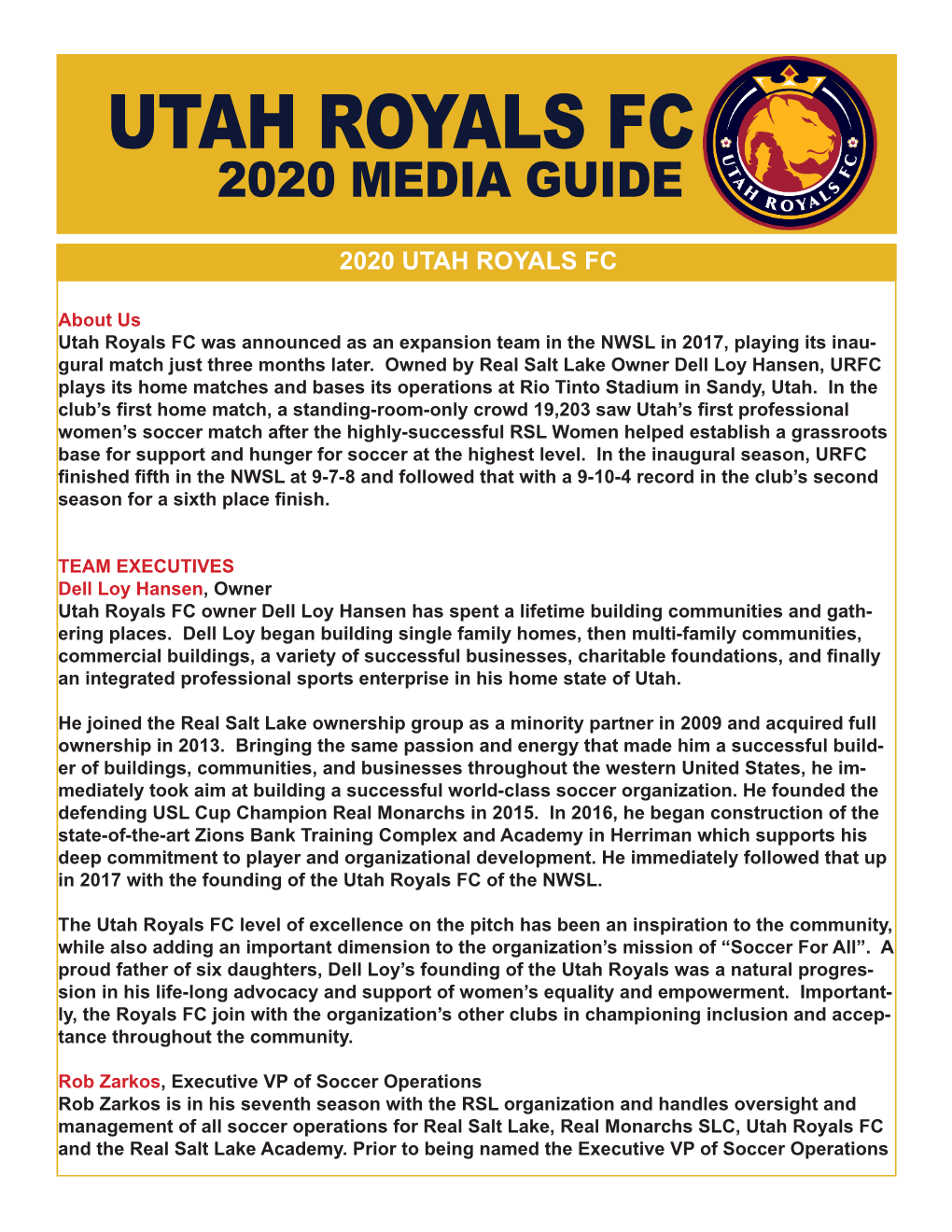 Utah Royals Fc 2020 Media Guide
