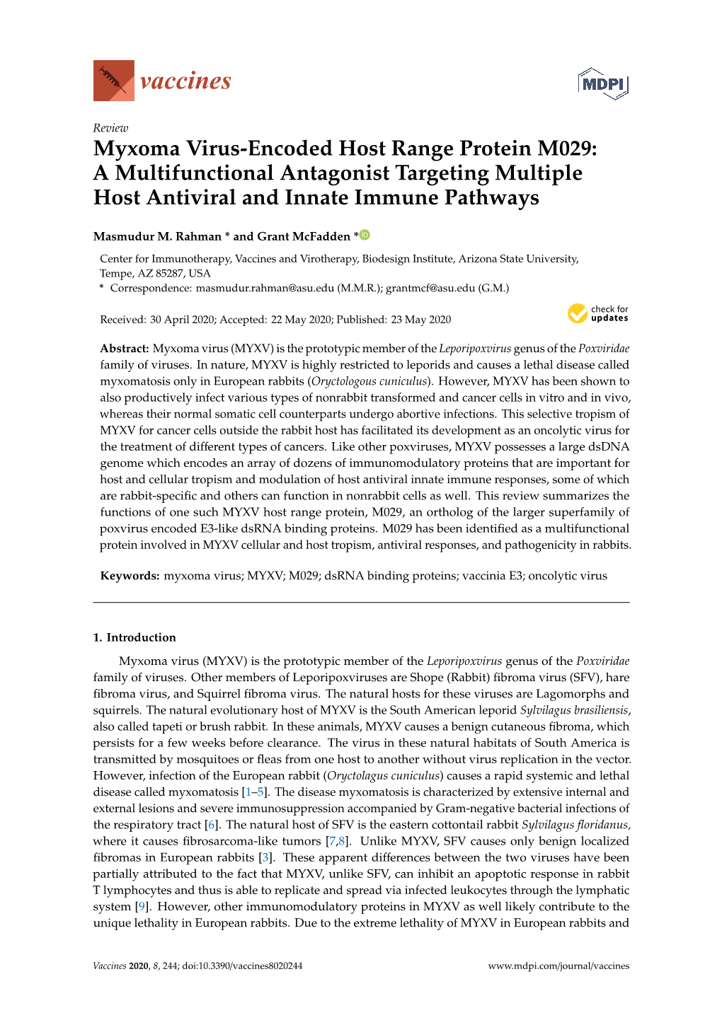 Myxoma Virus-Encoded Host Range Protein M029: a Multifunctional Antagonist Targeting Multiple Host Antiviral and Innate Immune Pathways