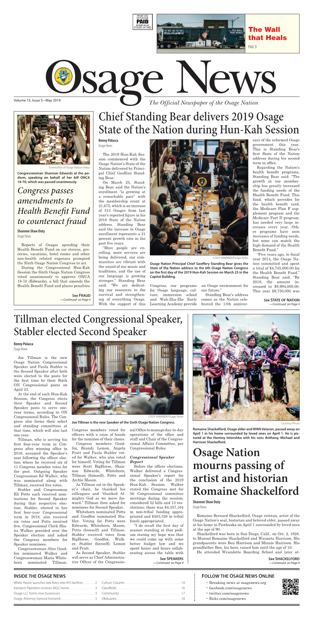 Chief Standing Bear Delivers 2019 Osage State of the Nation During Hun-Kah Session Benny Polacca Sary of the Reformed Osage Osage News Government This Year