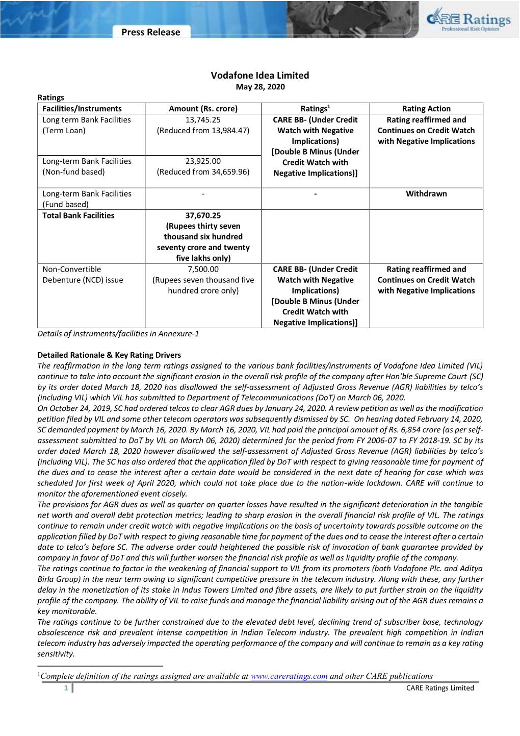 Press Release Vodafone Idea Limited