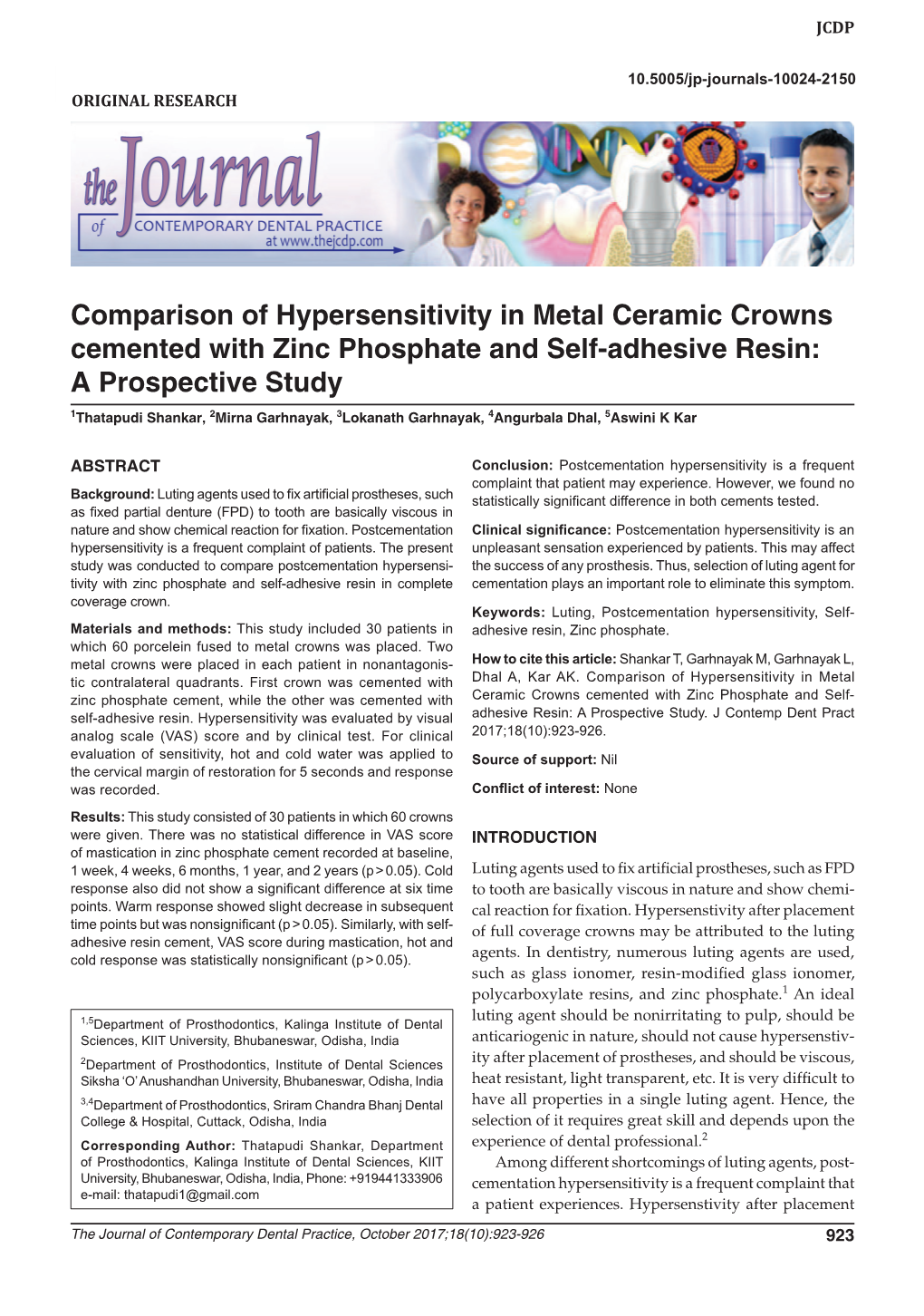 Comparison of Hypersensitivity in Metal Ceramic Crowns Cemented with Zinc10.5005/Jp-Journals-10024-2150 Phosphate and Self-Adhesive Resin ORIGINAL RESEARCH