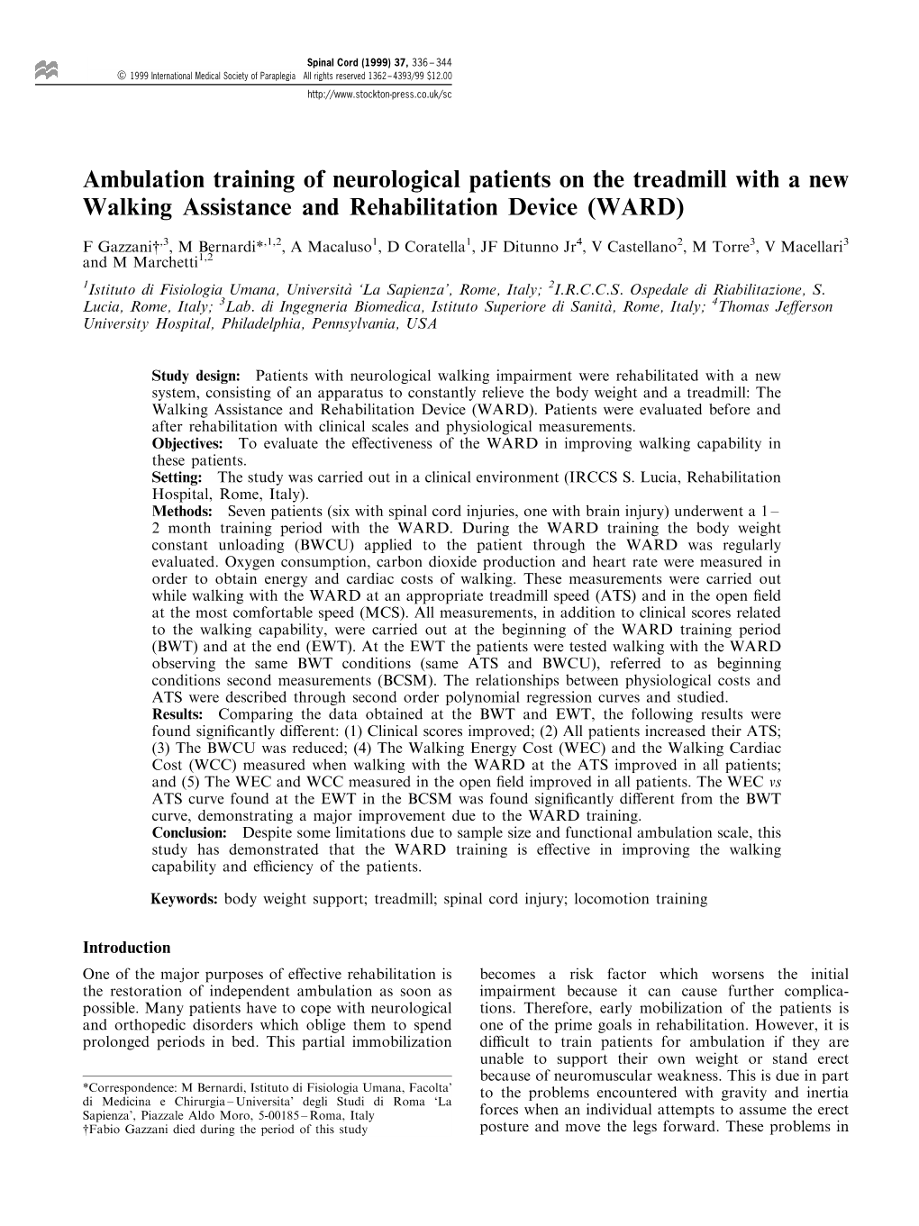 Ambulation Training of Neurological Patients on the Treadmill with a New Walking Assistance and Rehabilitation Device (WARD)