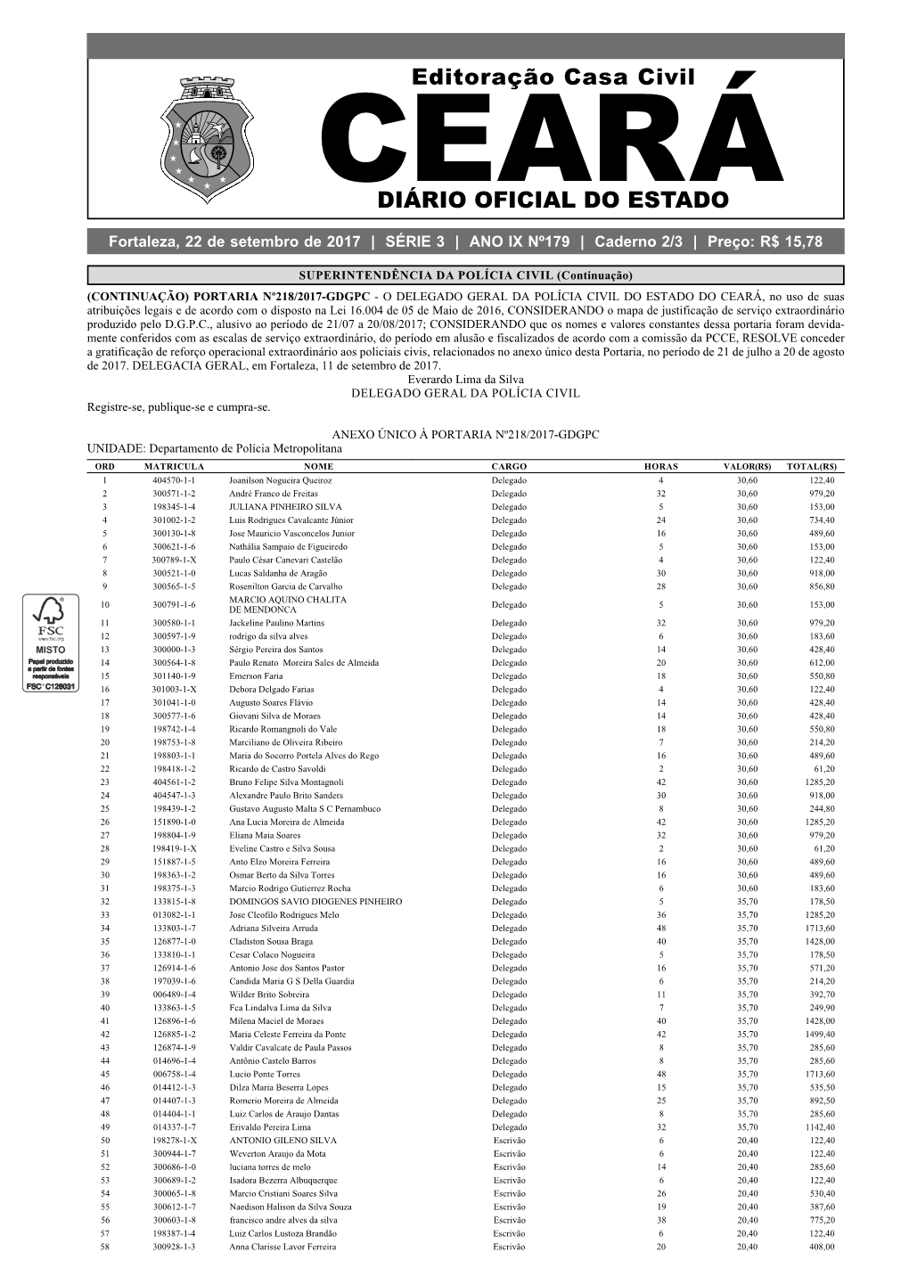 Fortaleza, 22 De Setembro De 2017 | SÉRIE 3 | ANO IX Nº179 | Caderno 2/3 | Preço: R$ 15,78