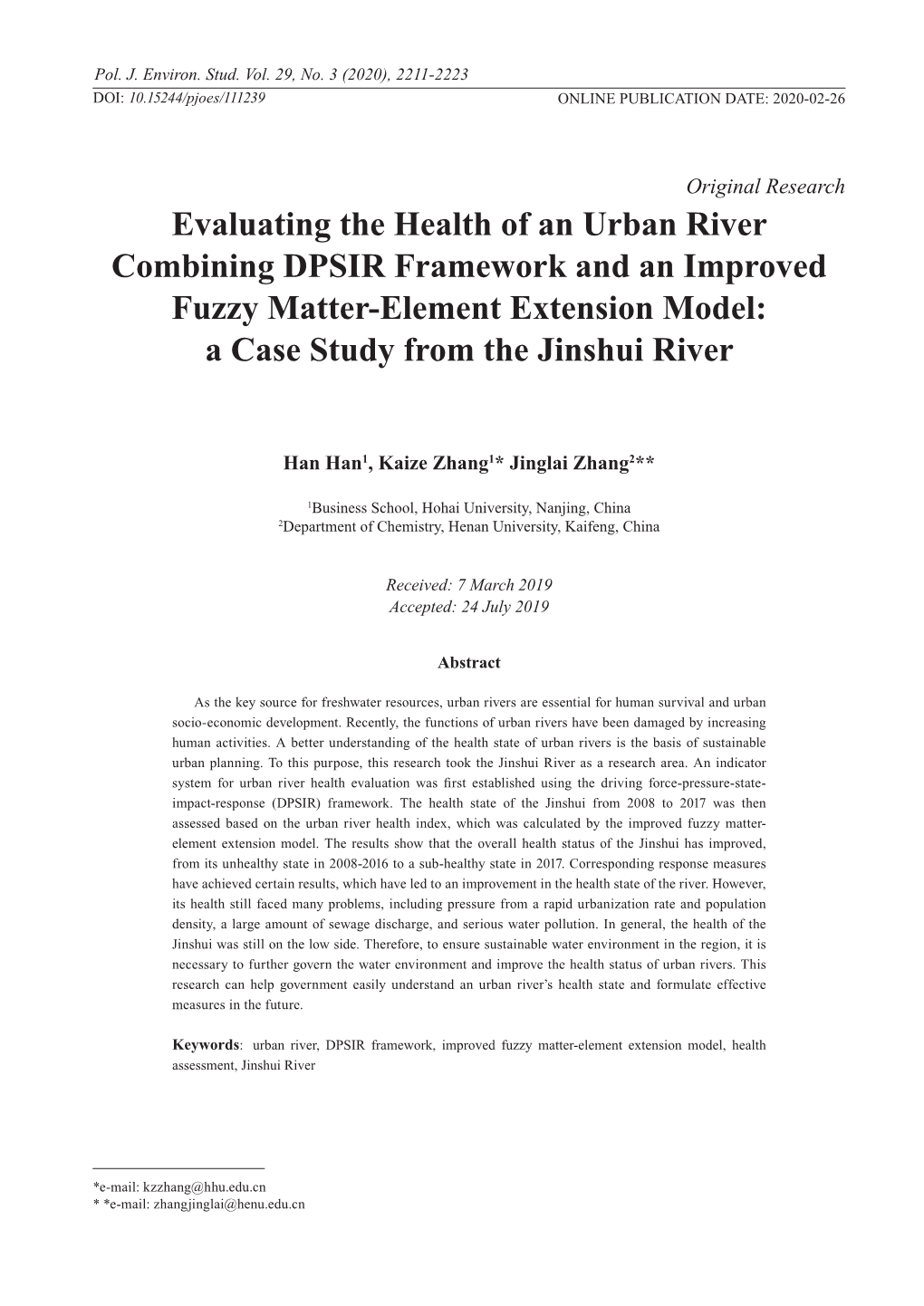 Evaluating the Health of an Urban River Combining DPSIR Framework and an Improved Fuzzy Matter-Element Extension Model: a Case Study from the Jinshui River