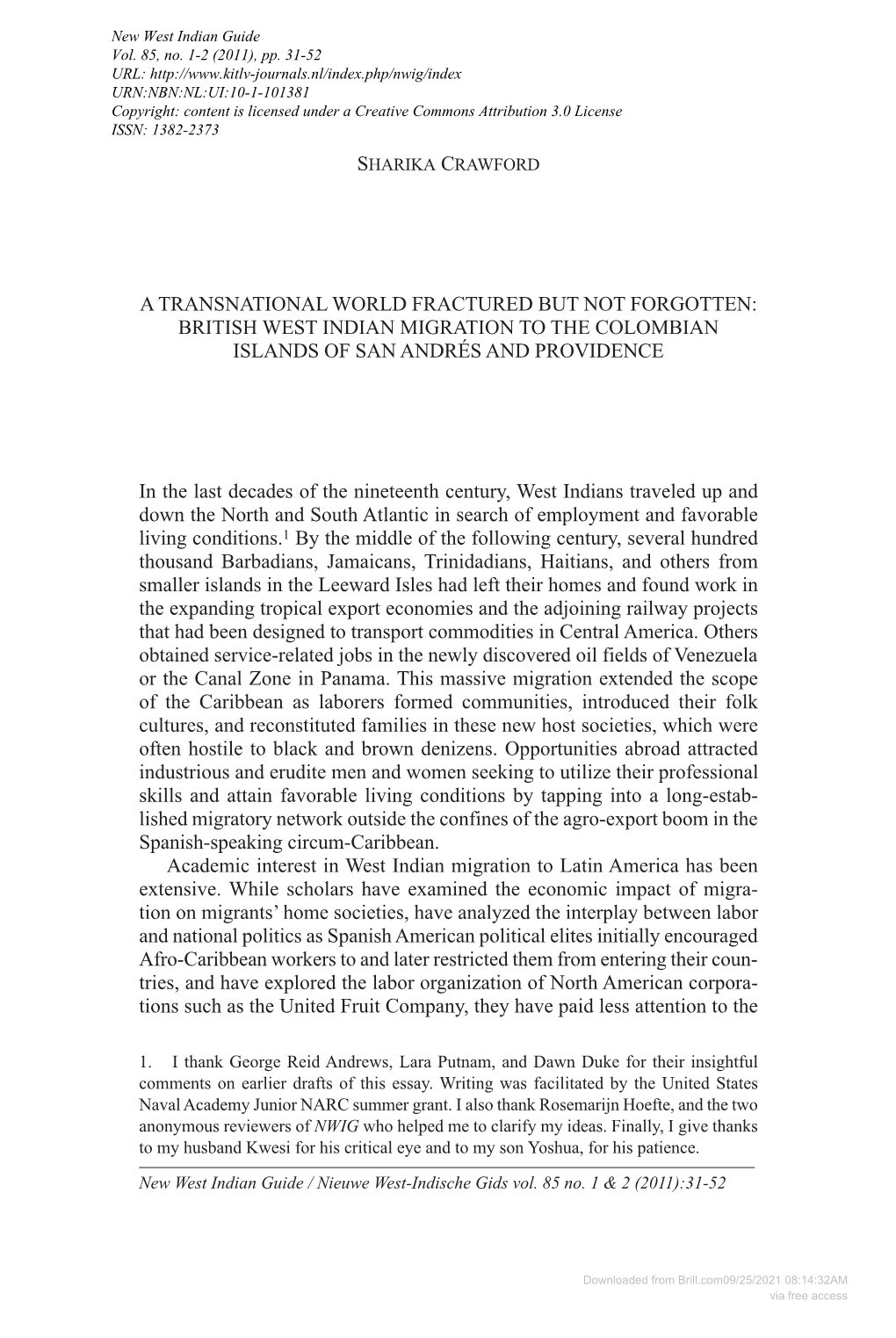 British West Indian Migration to the Colombian Islands of San Andrés and Providence