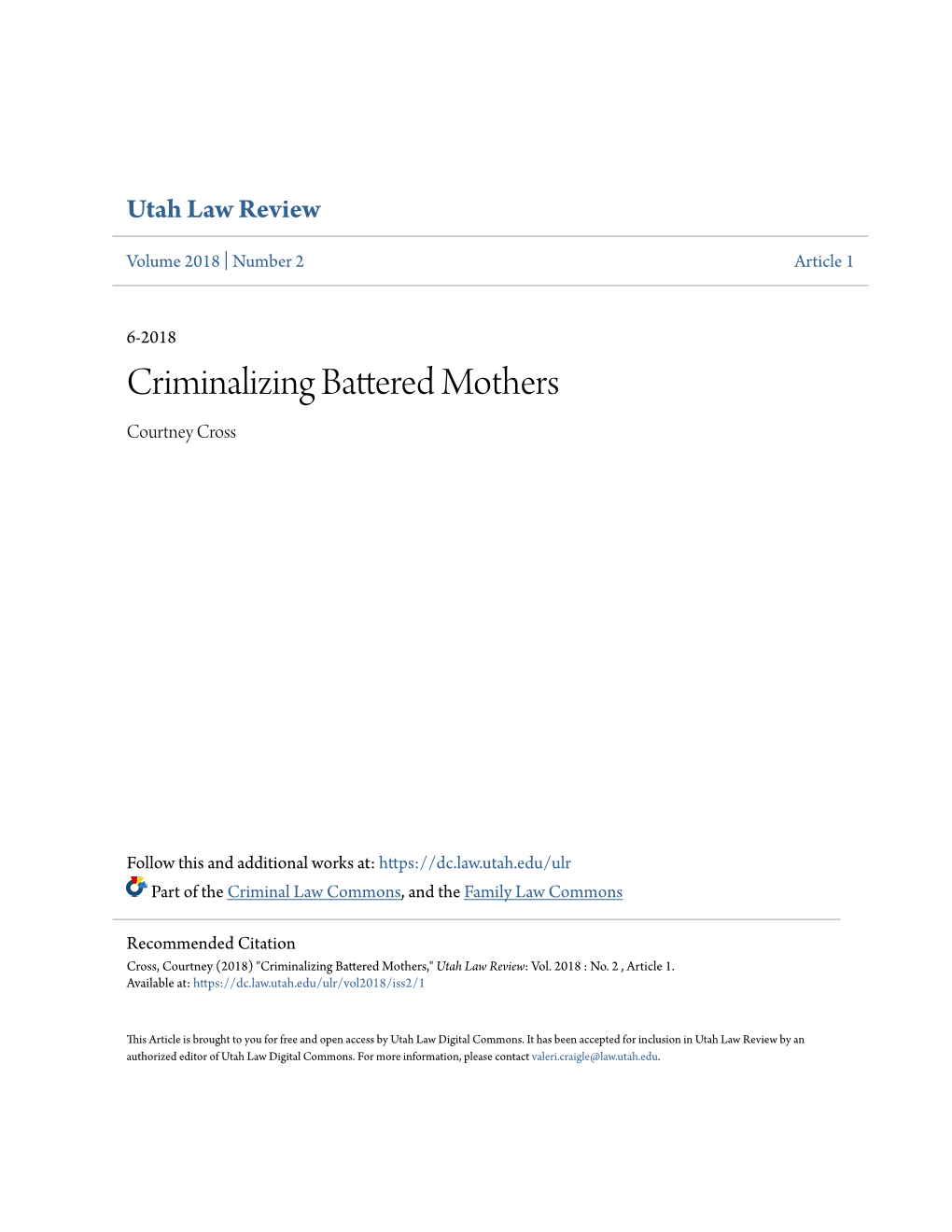 Criminalizing Battered Mothers Courtney Cross