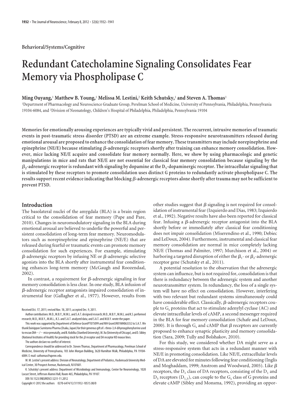 Redundant Catecholamine Signaling Consolidates Fear Memory Via Phospholipase C