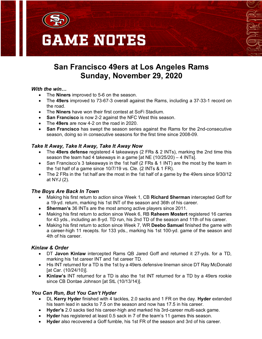 San Francisco 49Ers at Los Angeles Rams Sunday, November 29, 2020