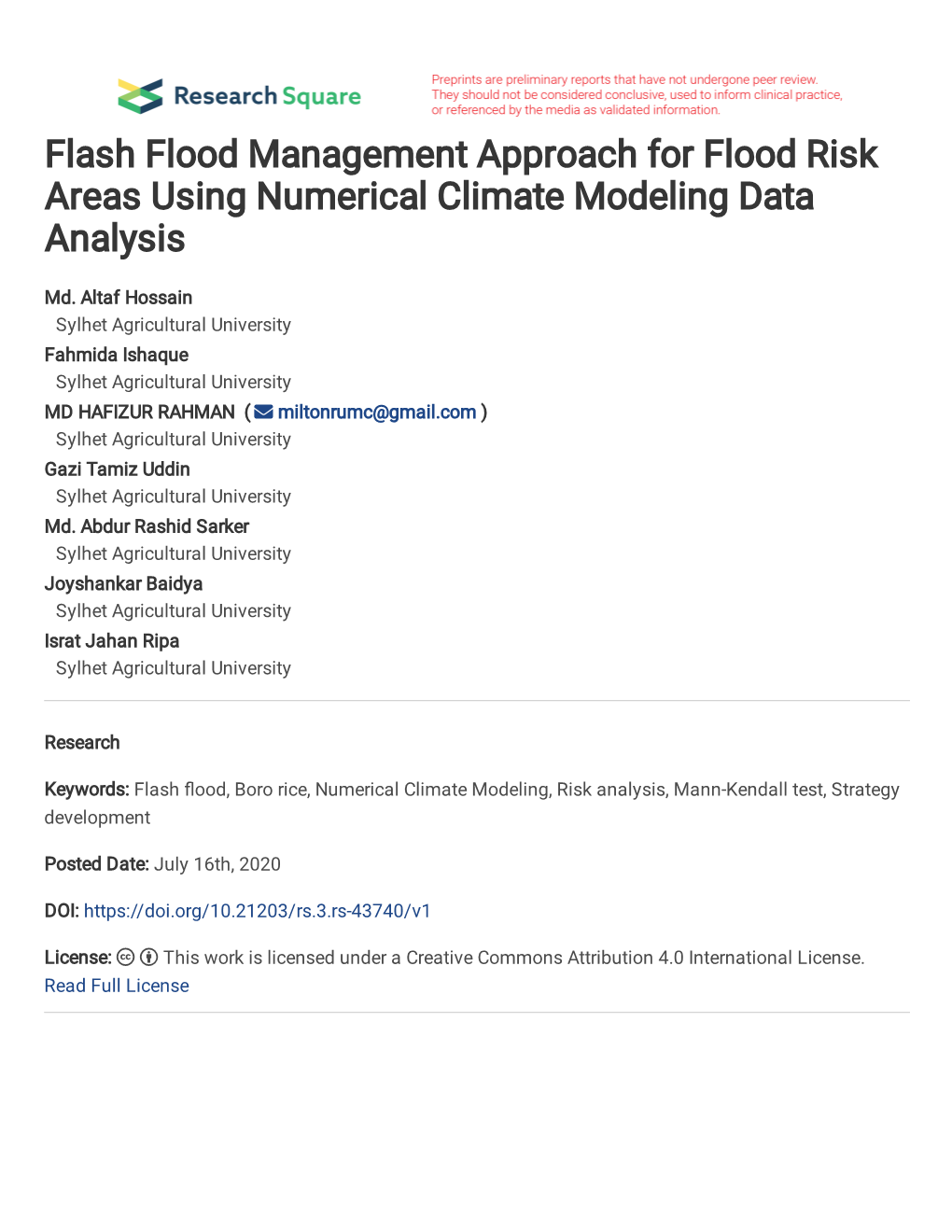 Flash Flood Management Approach for Flood Risk Areas Using Numerical Climate Modeling Data Analysis