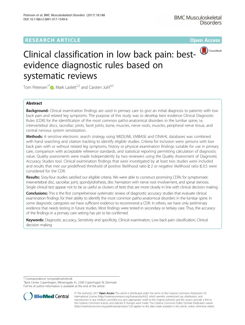 Clinical Classification in Low Back Pain: Best-Evidence Diagnostic