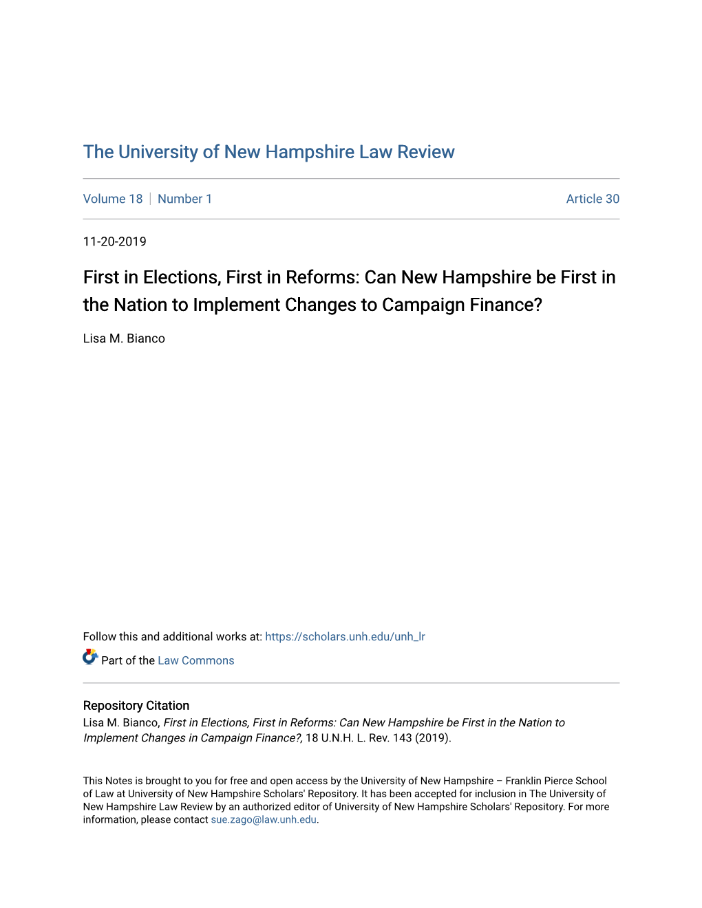 First in Elections, First in Reforms: Can New Hampshire Be First in the Nation to Implement Changes to Campaign Finance?