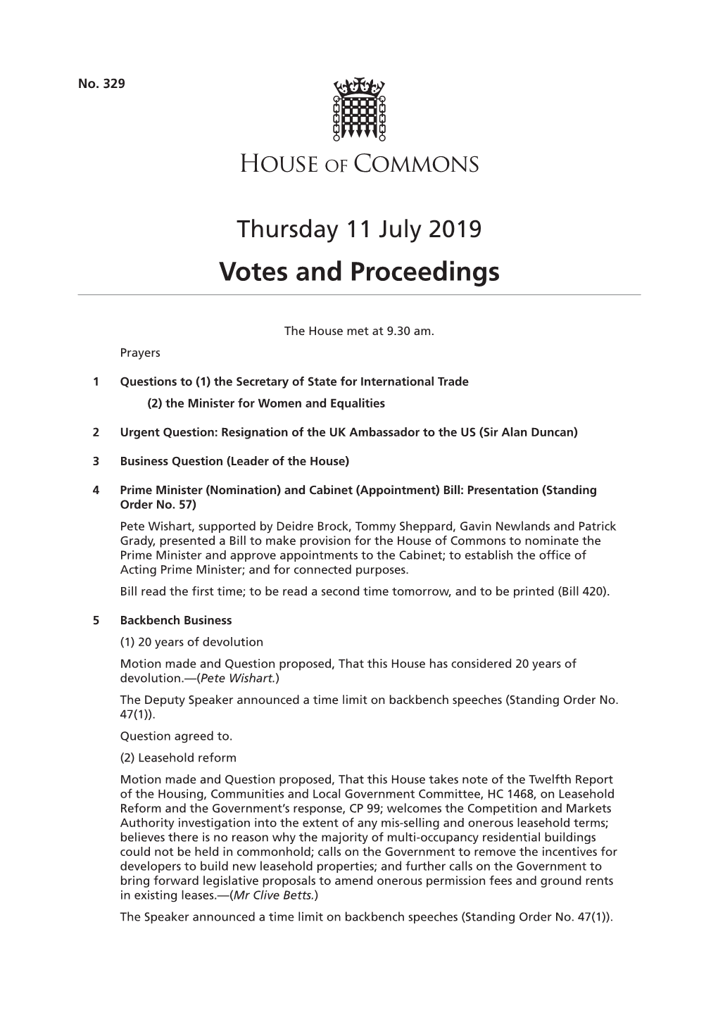 Votes and Proceedings for 11 Jul 2019