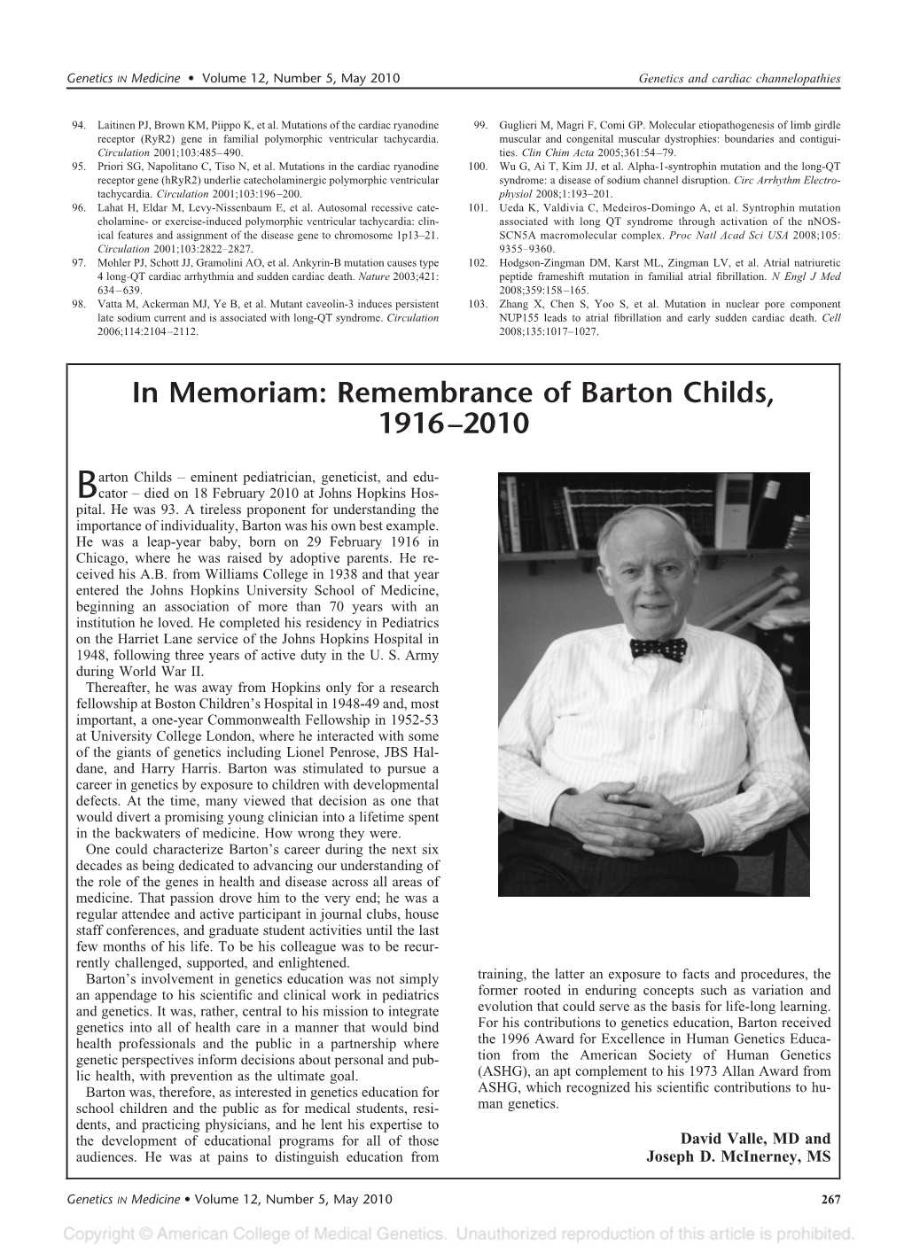 In Memoriam: Remembrance of Barton Childs, 1916–2010