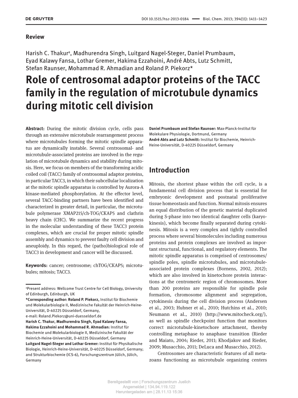 Role of Centrosomal Adaptor Proteins of the TACC Family in the Regulation of Microtubule Dynamics During Mitotic Cell Division