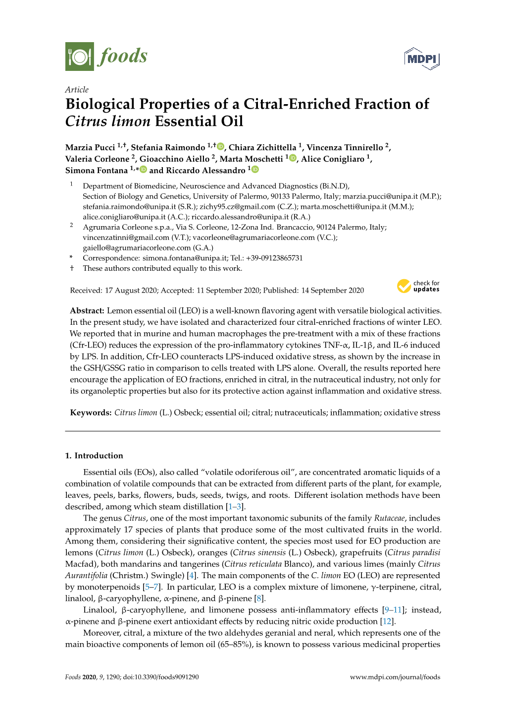 Biological Properties of a Citral-Enriched Fraction of Citrus Limon Essential Oil