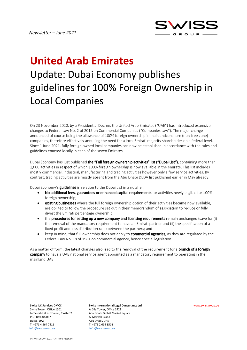 United Arab Emirates Update: Dubai Economy Publishes Guidelines for 100% Foreign Ownership In