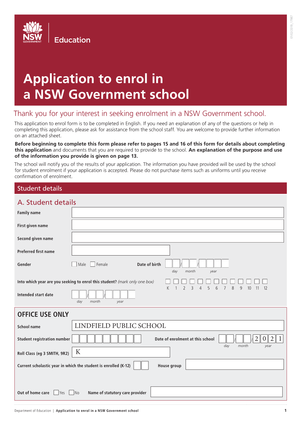 Application to Enrol in a NSW Government School