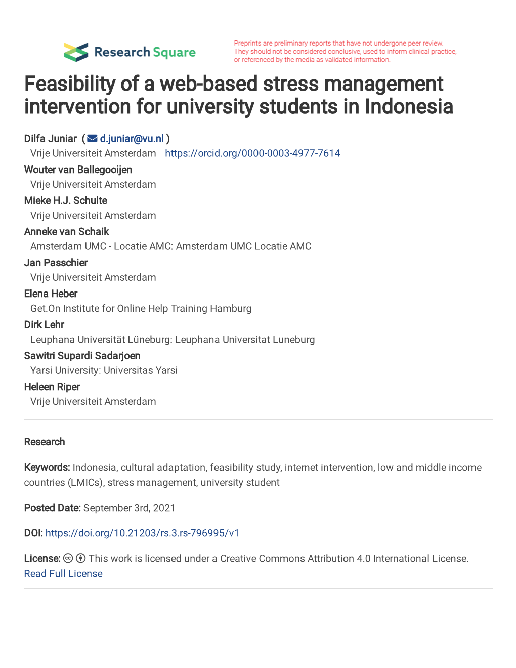 Feasibility of a Web-Based Stress Management Intervention for University Students in Indonesia