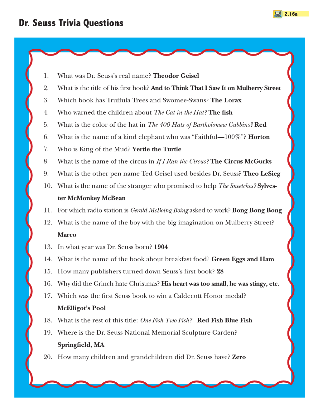 Dr. Seuss Trivia Questions