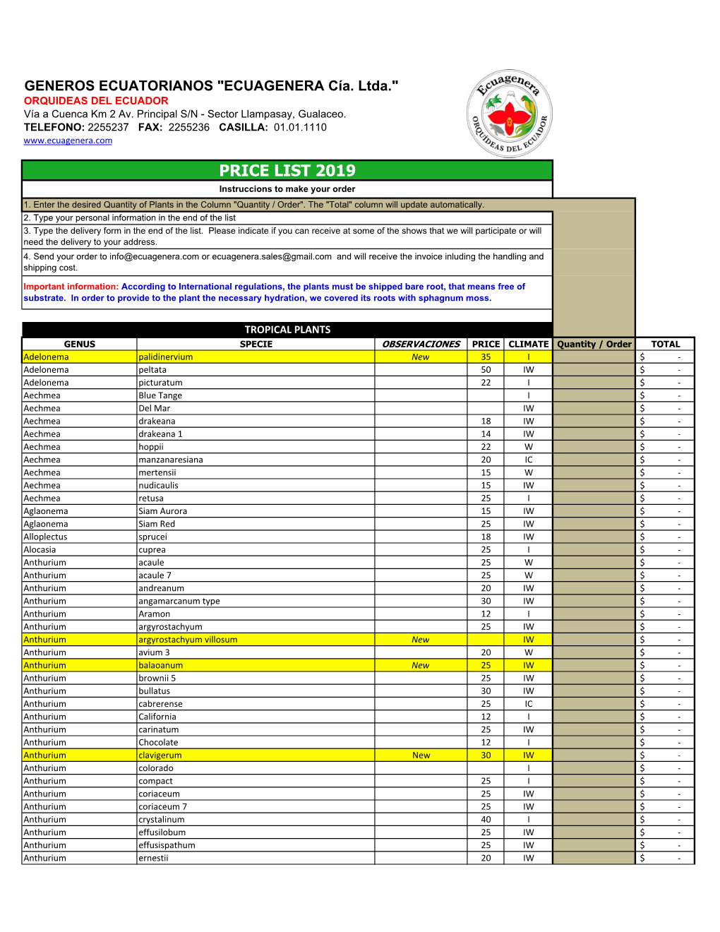 2020 Ecuagenera Tropical Plant List, PDF Format