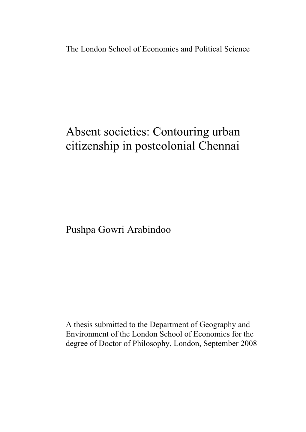 Contouring Urban Citizenship in Postcolonial Chennai