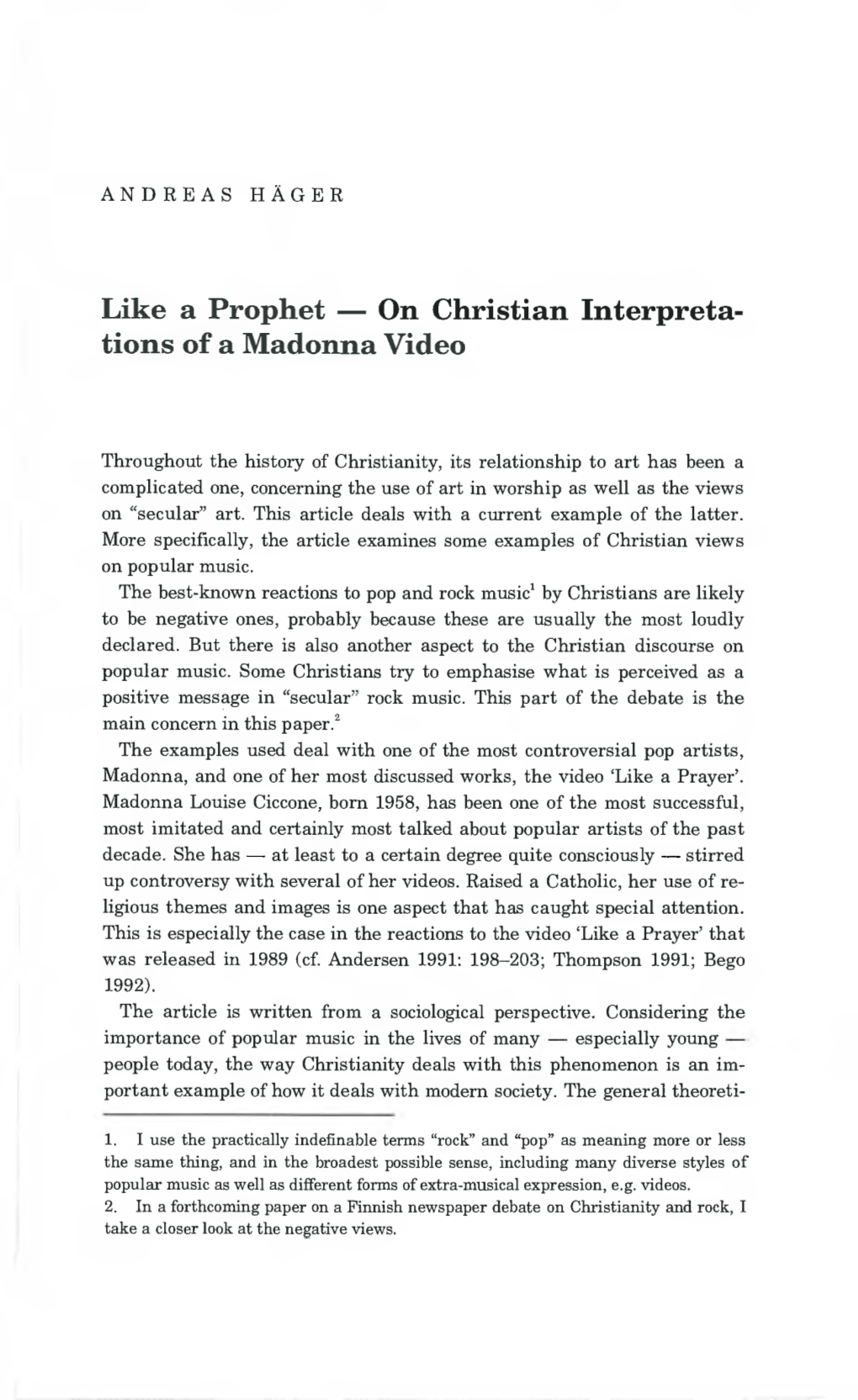 Like a Prophet — on Christian Interpreta- Tions of a Madonna Video