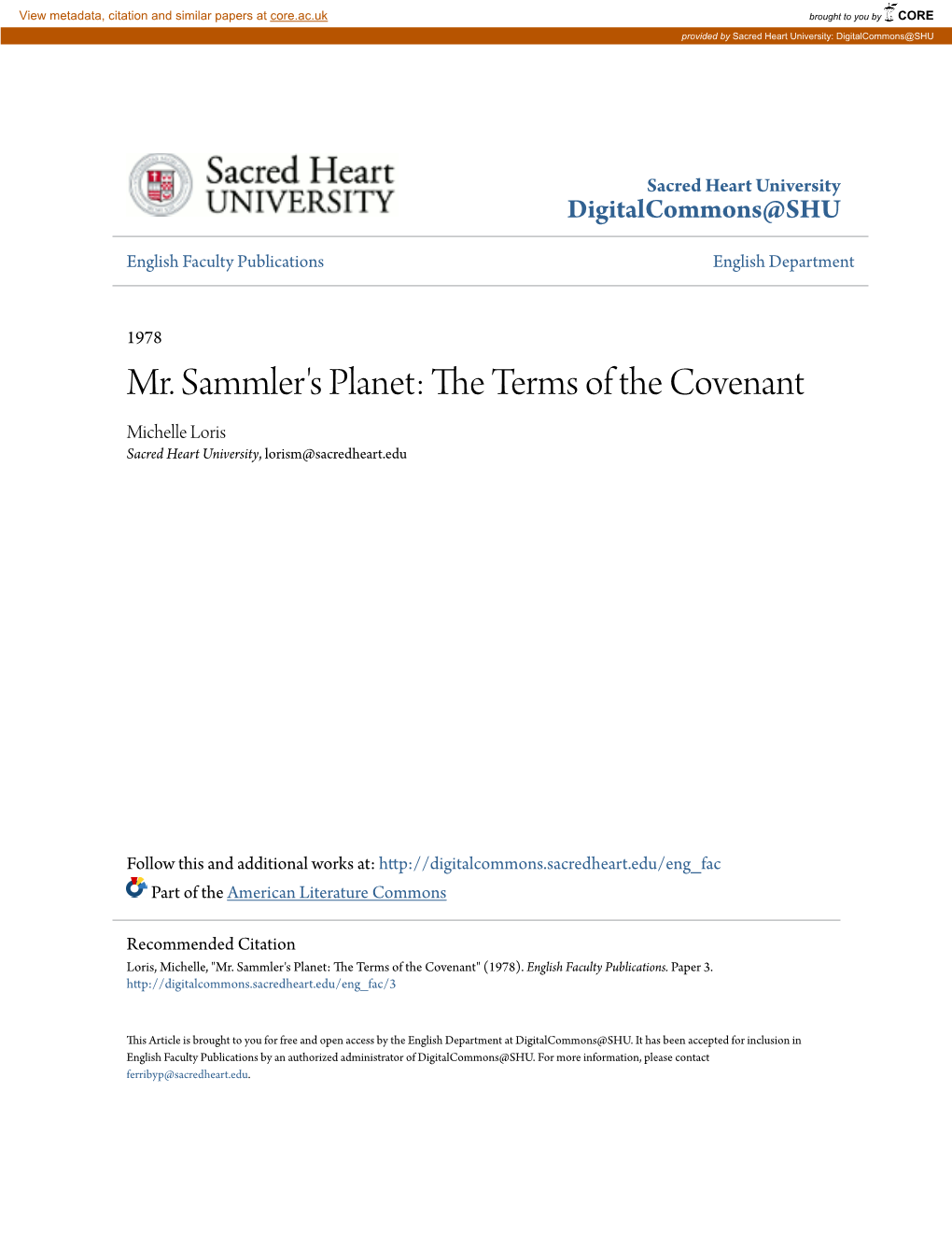 Mr. Sammler's Planet: the Terms of the Covenant